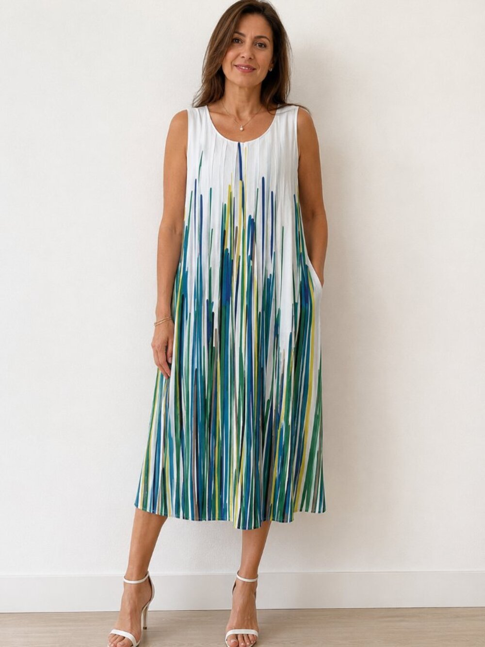 Calvin Klein Abstract Vertical Stripe Pleated Dress M 8 EUC White Blue Sleeveles